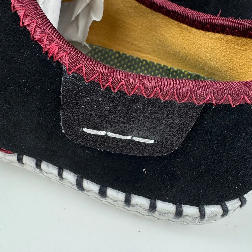 Fashion Casual Shoes Mens 10 Black Suede Burgundy Trim Whipstitch Lace Up Flats